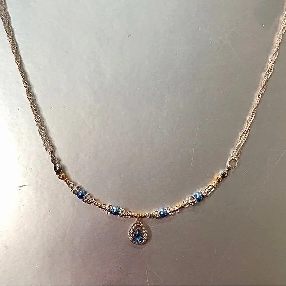HAND CRAFTED Silver Gold Blue rhinestone pendant necklace Upcycled Vintage - Picture 4 of 6